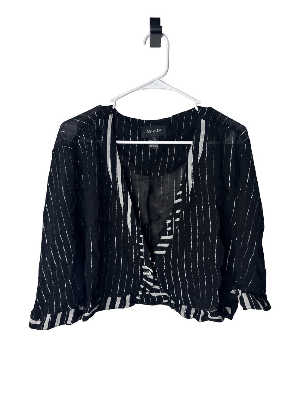 ASHRO Women’s Lightweight Cropped Black White Metallic Pinstripe Dress Jacket 22